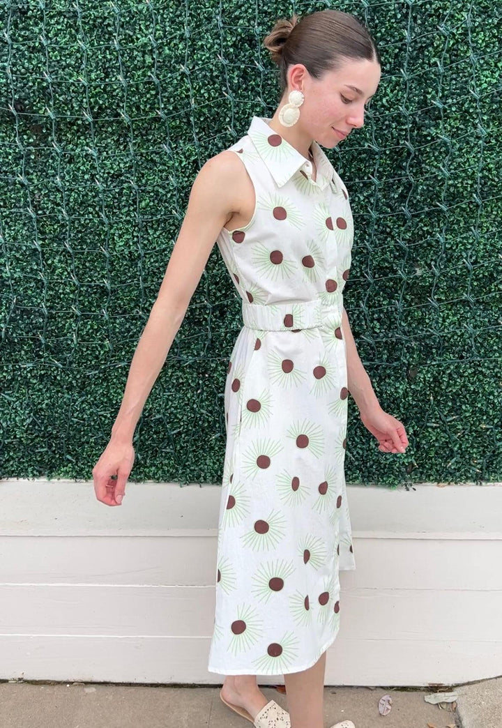 white cotton dress with brown print button up elastic waist sleeveless midi dress