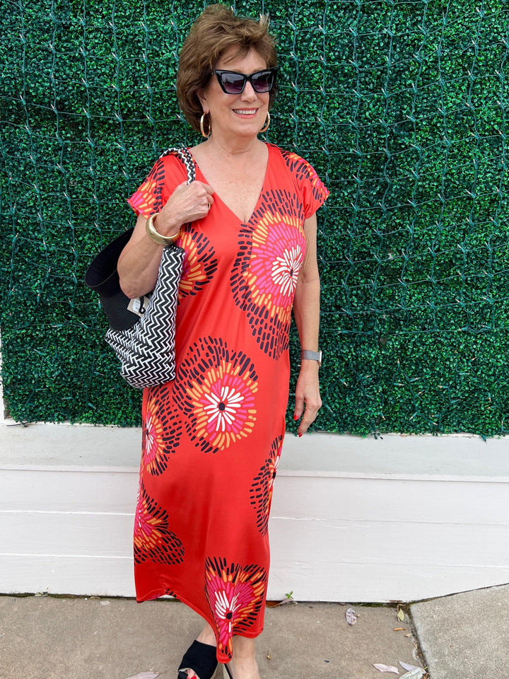firework caftan orange and pink print bathing suit cover up maxi dress