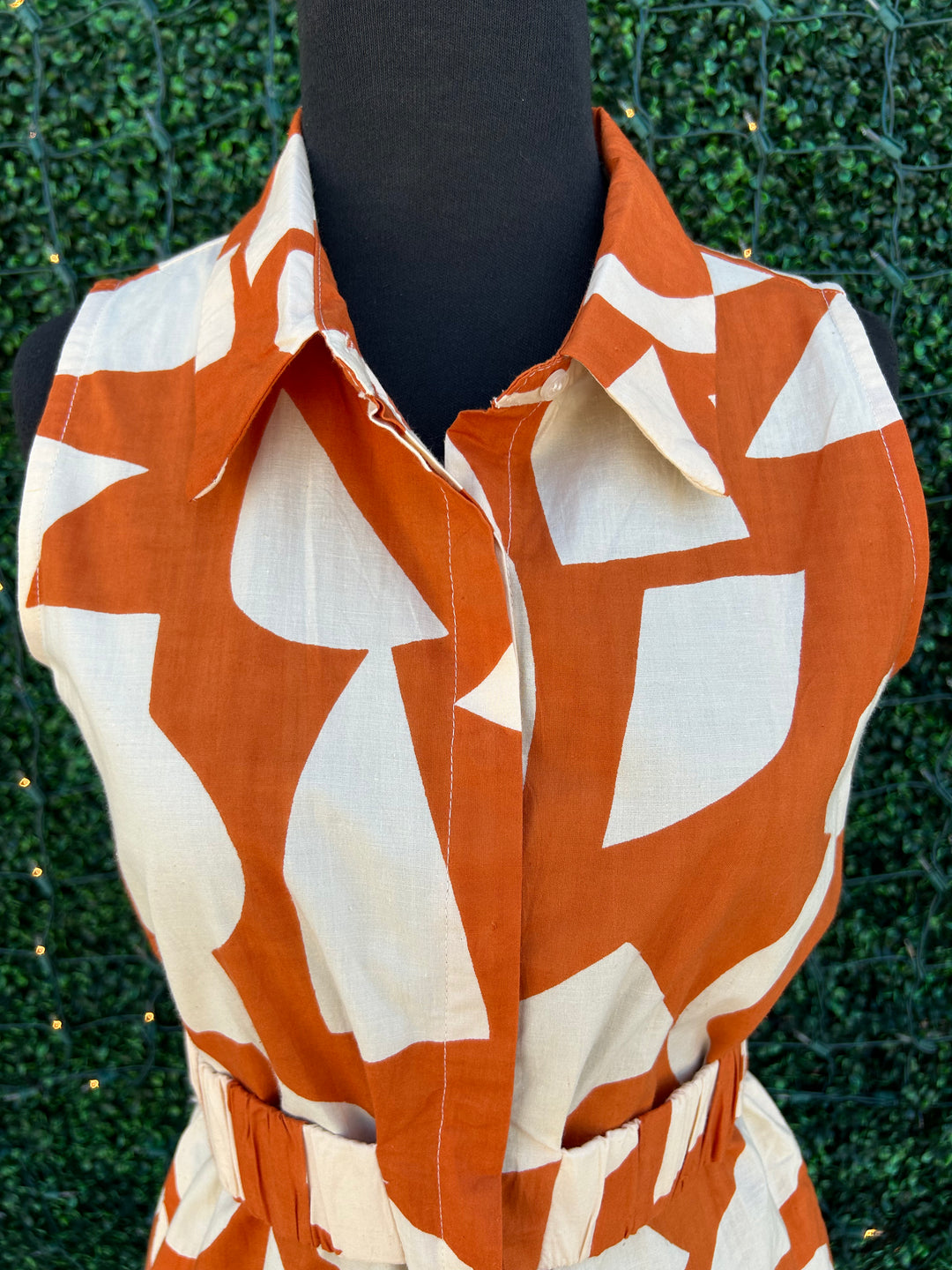 Geometric Print Midi Dress burnt orange cotton dress boutique near me houston texas 