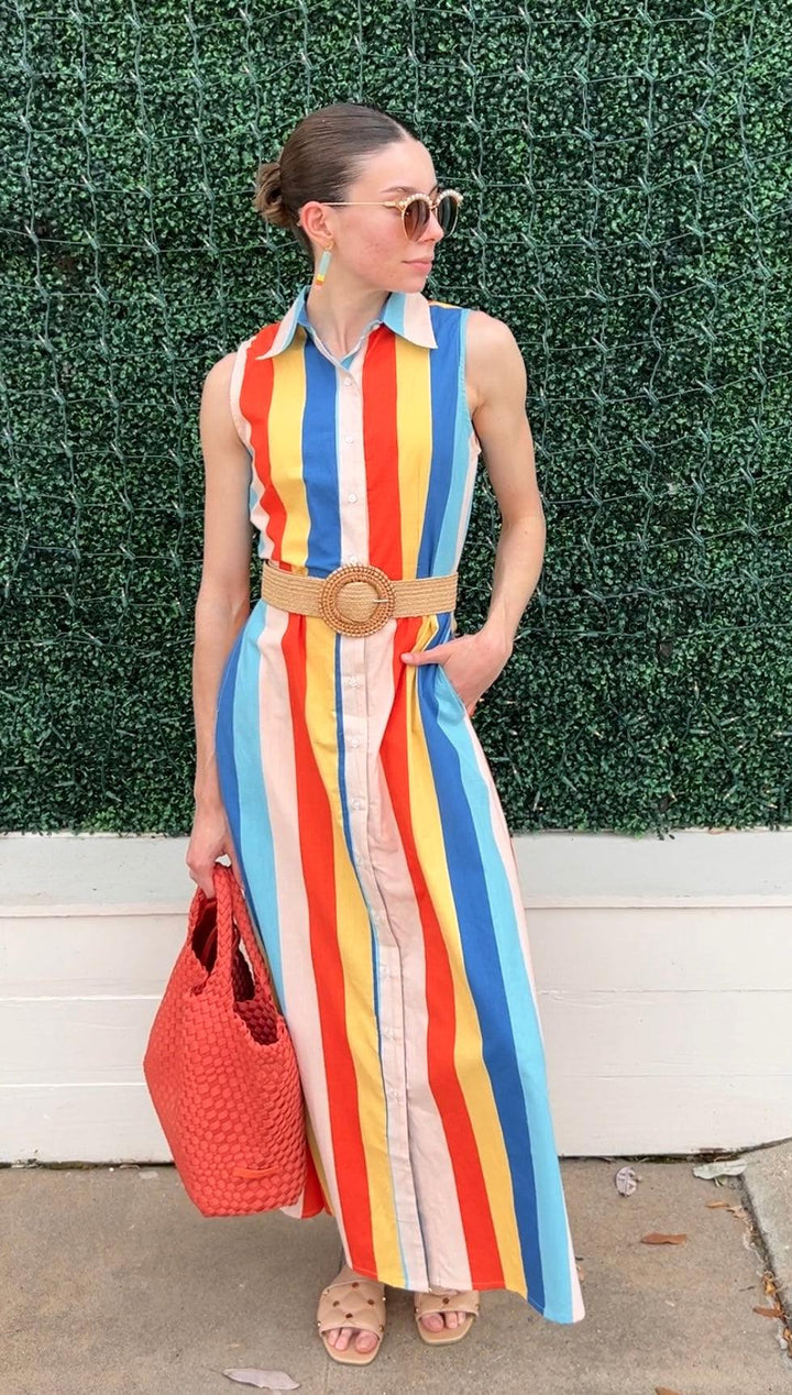 rainbow hroizontal stripe maxi dress 100% cotton womens online boutique button up