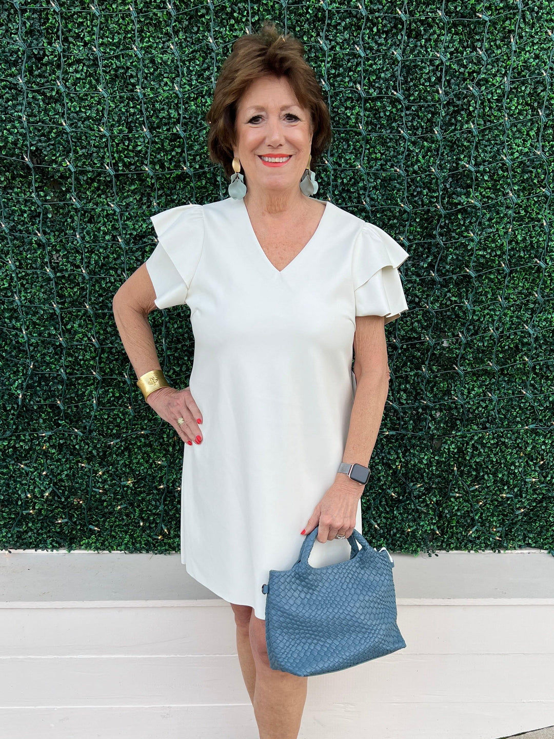 Dolce Cabo flutter sleeve vegan leather soft pleather off white v neck dress