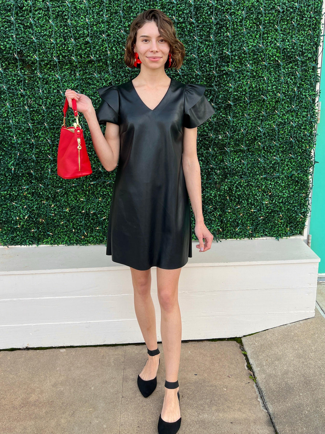 Dolce Cabo flutter sleeve vegan leather soft pleather black v neck dress
