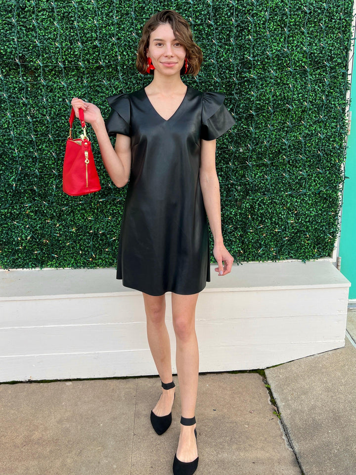 Dolce Cabo flutter sleeve vegan leather soft pleather black v neck dress