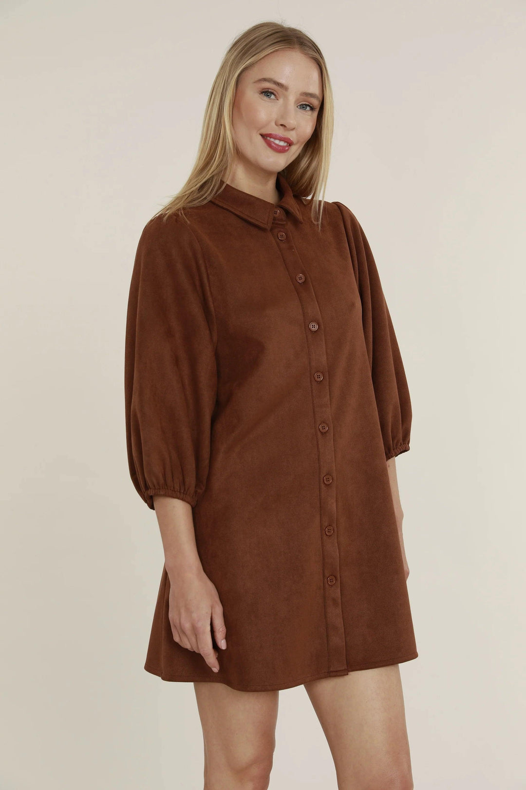 Dolce Cabo Vegan Suede Button Down Dress tres chic Houston women&