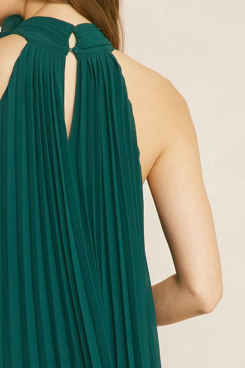 Flower Necklace Halter Dress knife pleat hunter green boutique entro brand