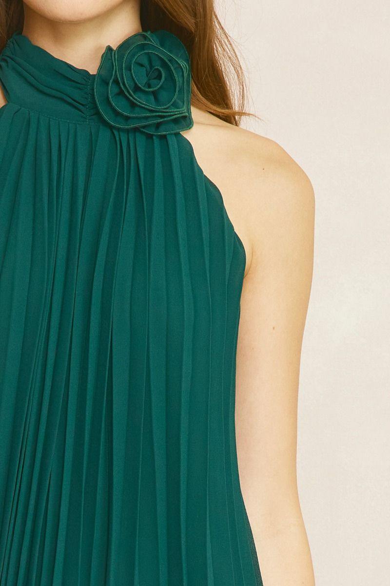Flower Necklace Halter Dress knife pleat hunter green boutique