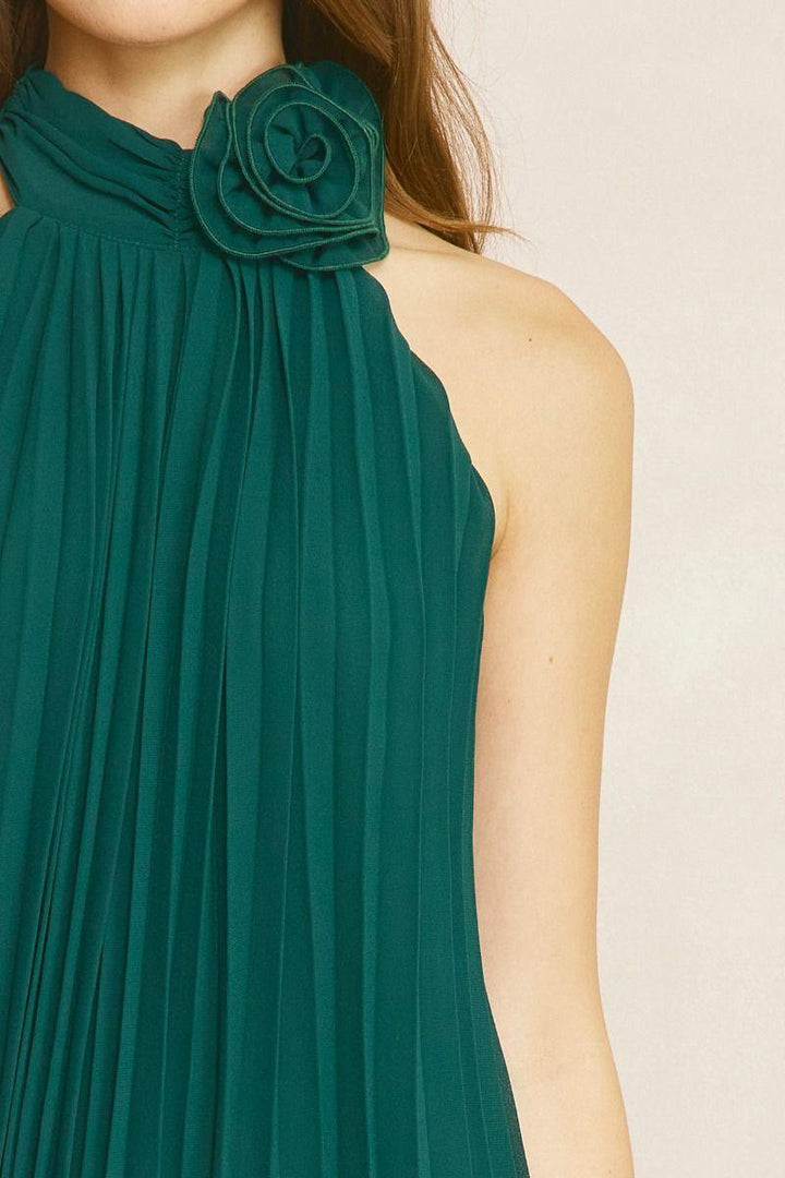Flower Necklace Halter Dress knife pleat hunter green boutique