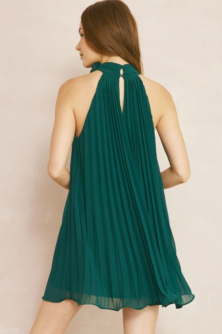 Flower Necklace Halter Dress knife pleat hunter green boutique
