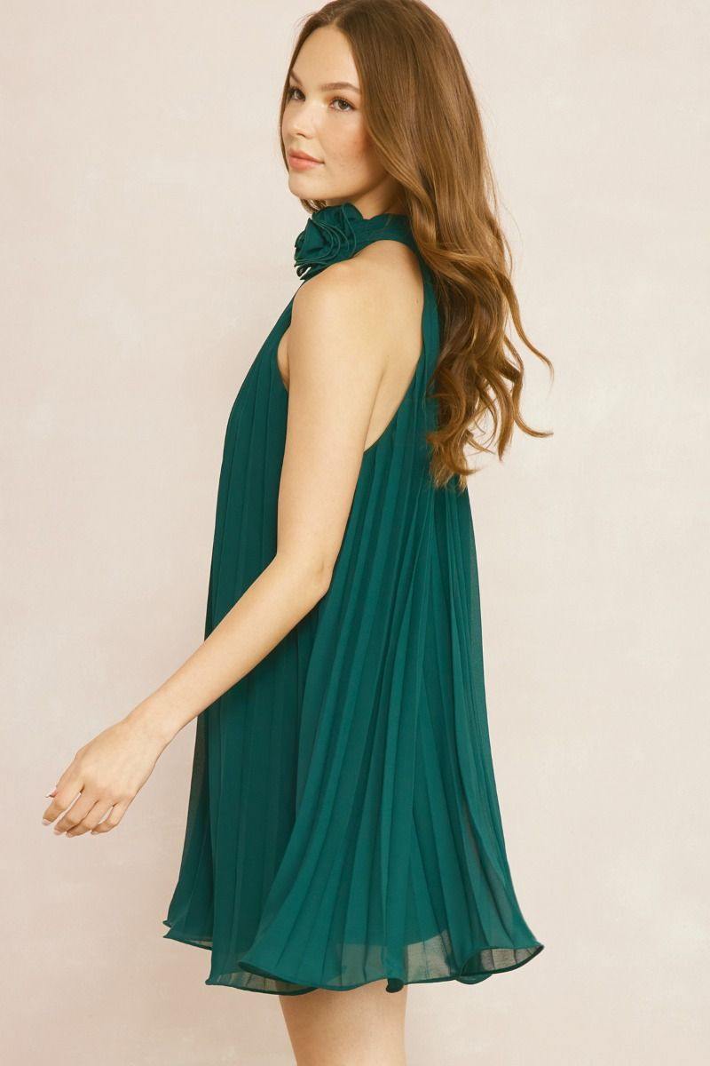 Flower Necklace Halter Dress knife pleat hunter green boutique