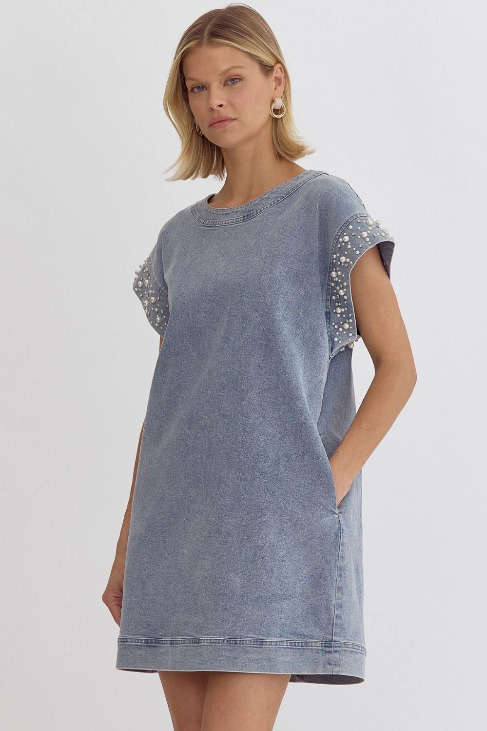 Pearl Embellished Denim Dress