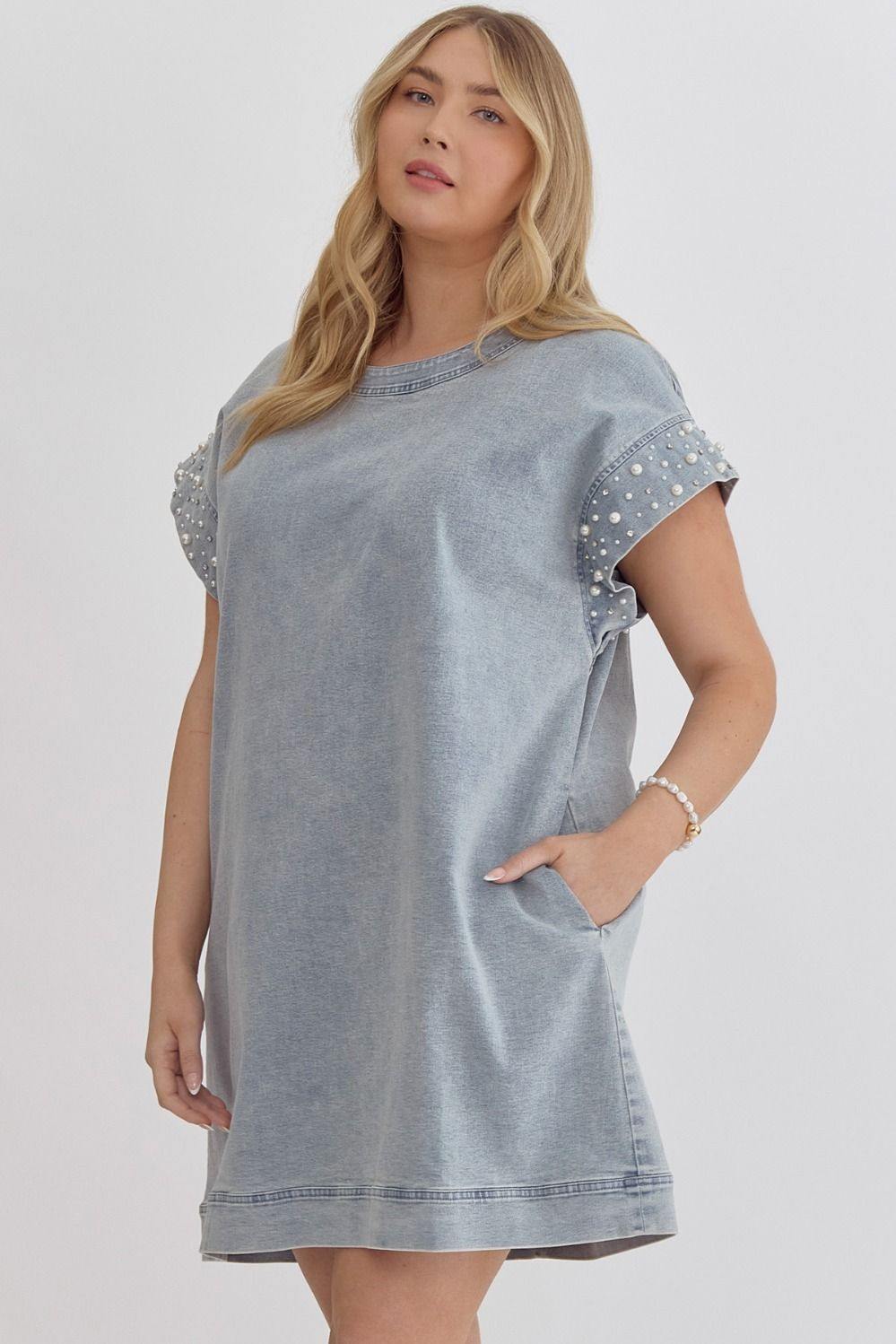 Pearl Embellished Denim Dress