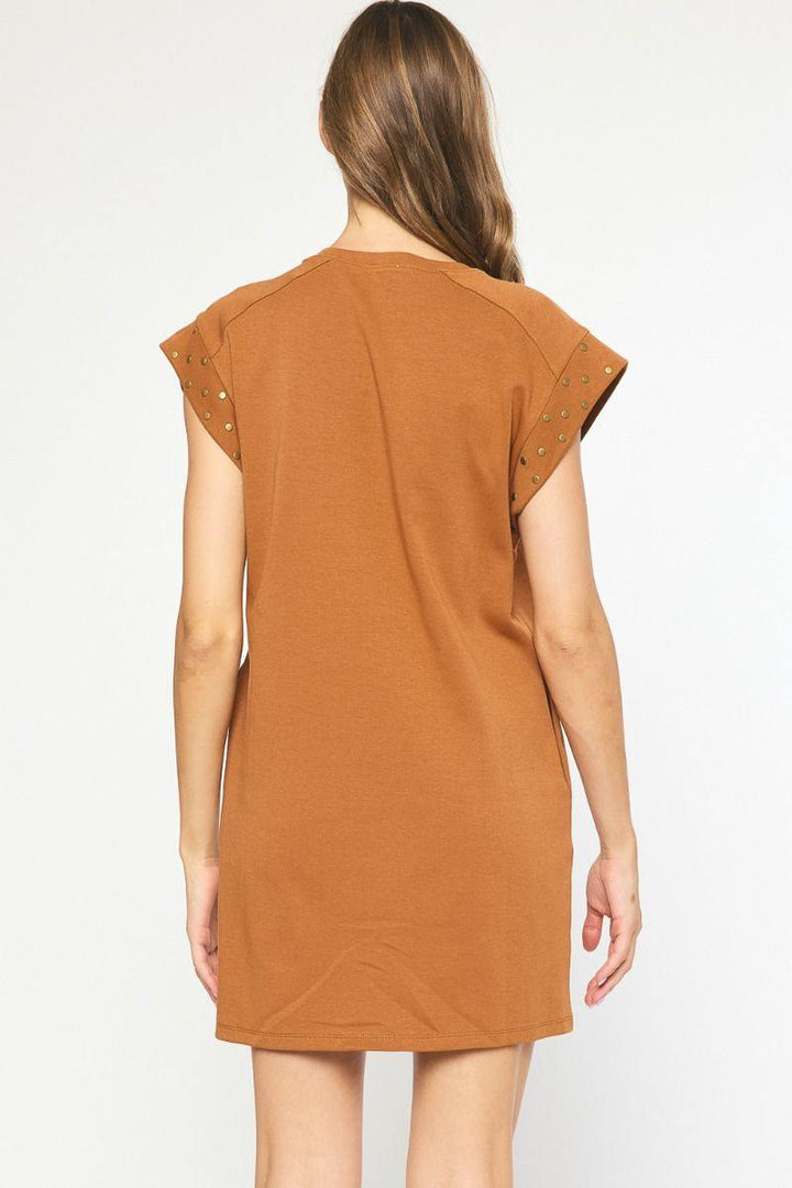 Ponte Stud Embellished Dress camel fall boutique houston near me entro brand clothing