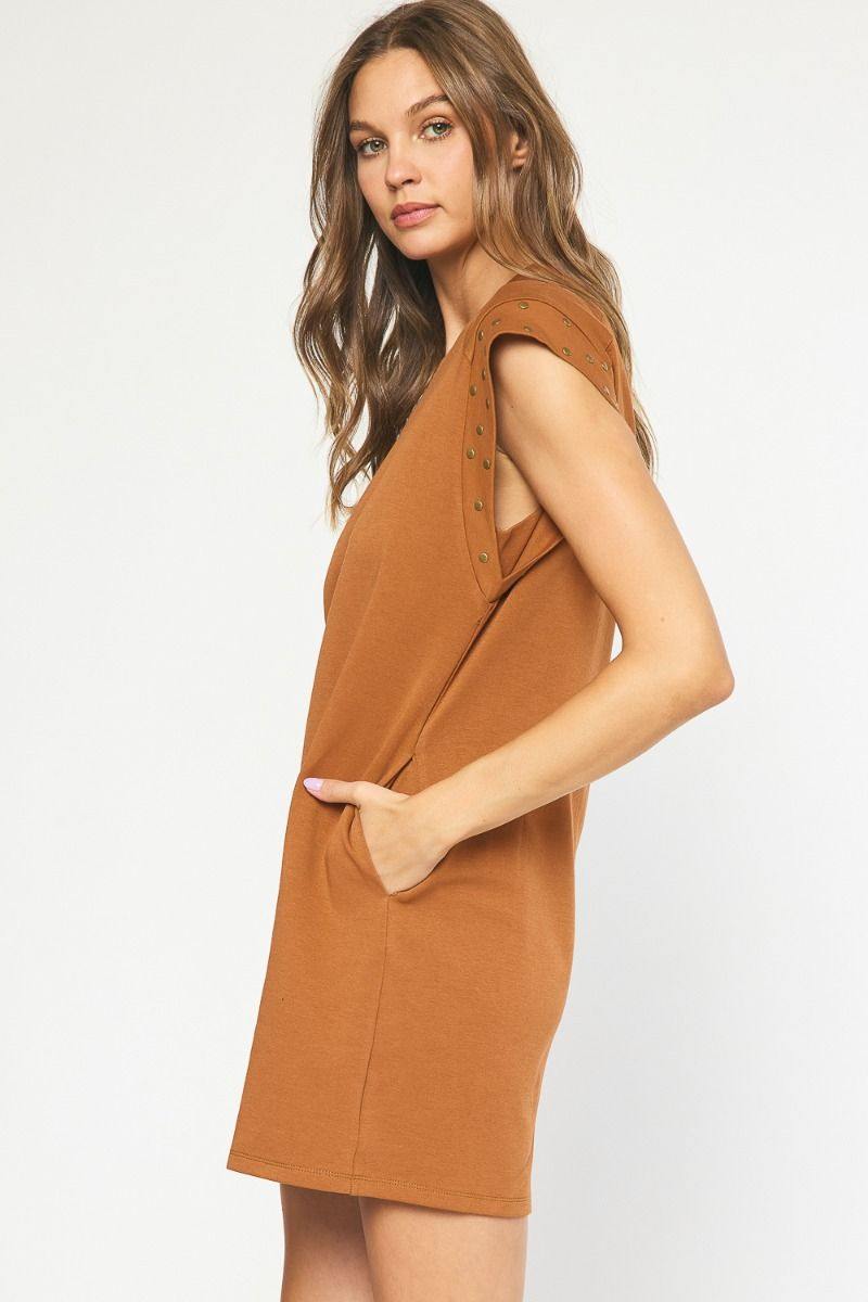 Ponte Stud Embellished Dress camel fall boutique houston near me entro brand clothing