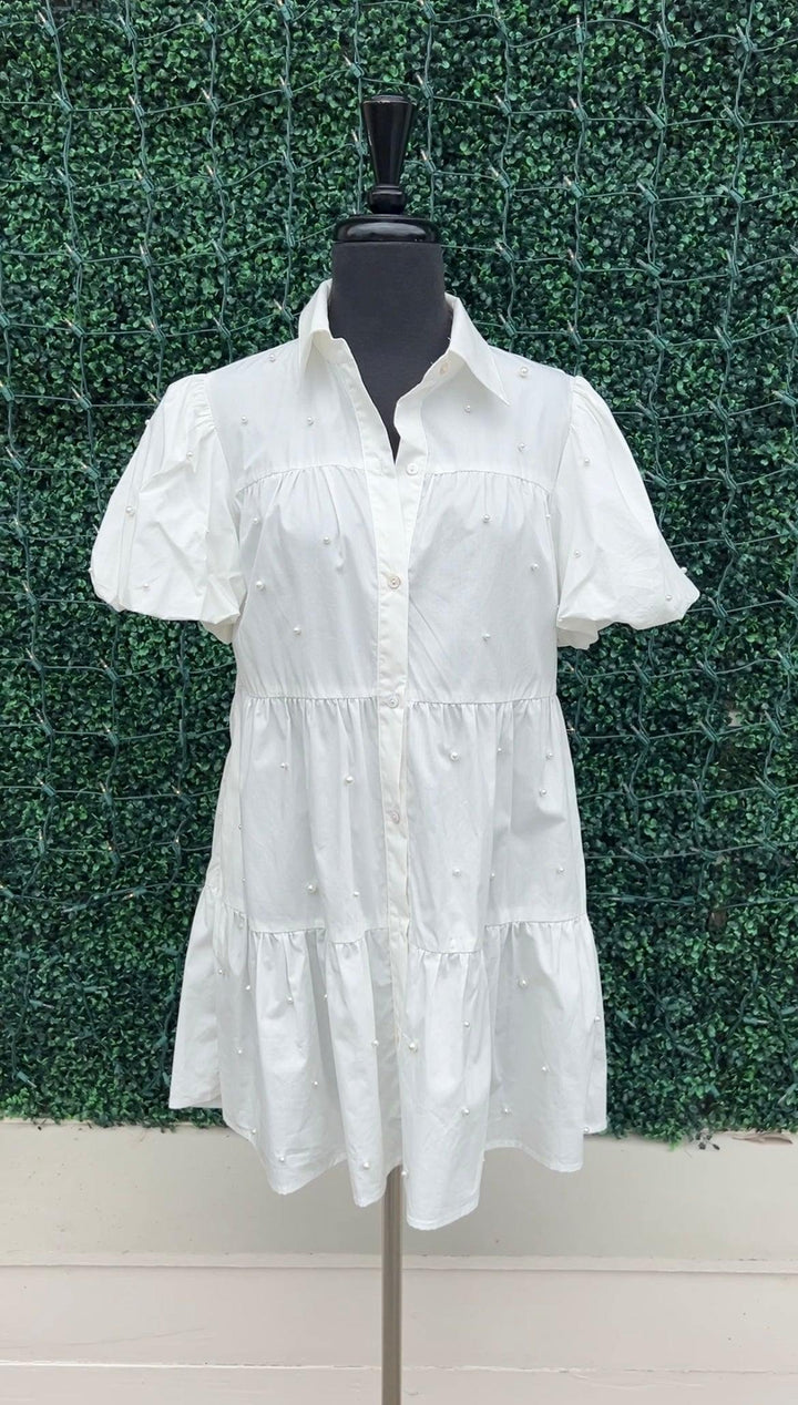 white Pearl Embellished Dress cotton with pockets from trendy dress boutique online