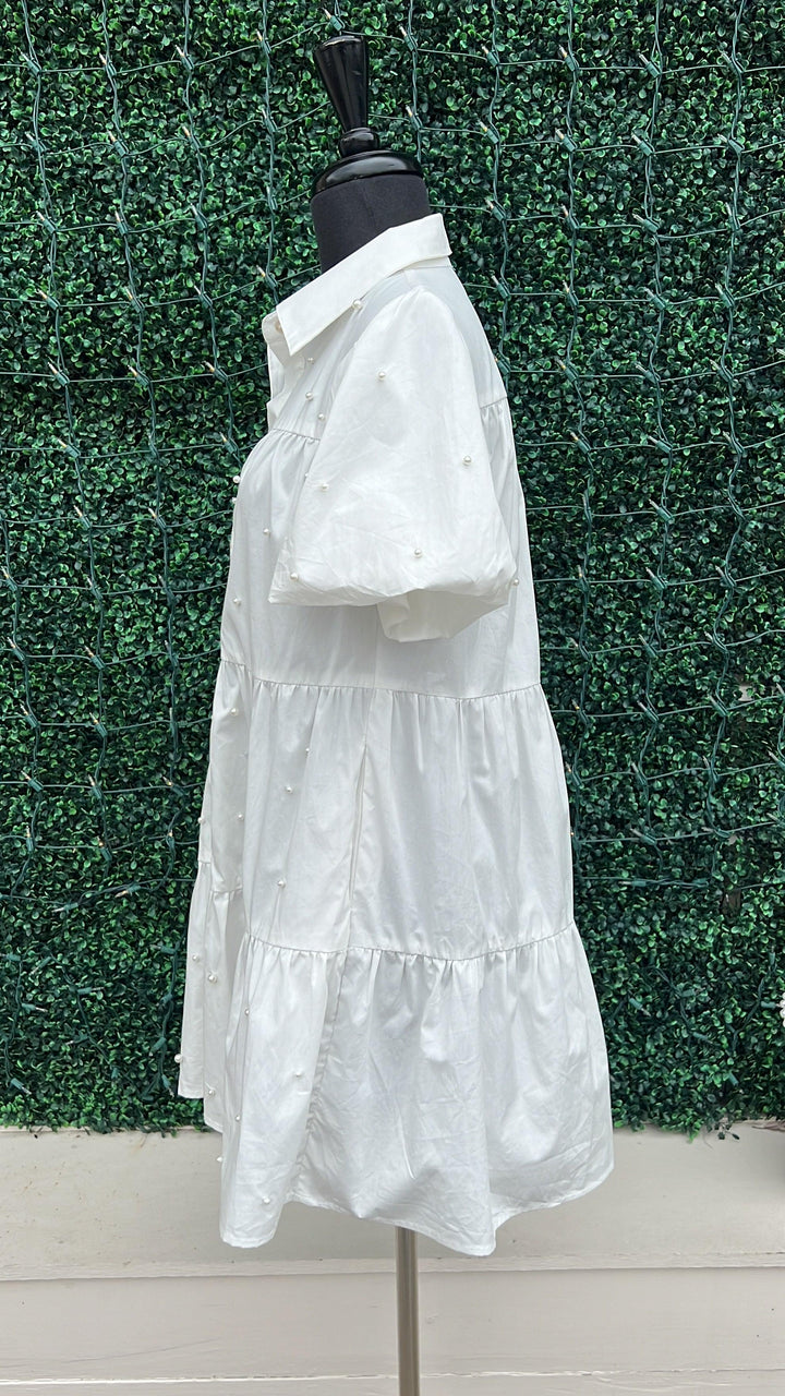 white Pearl Embellished Dress cotton with pockets from trendy dress boutique online
