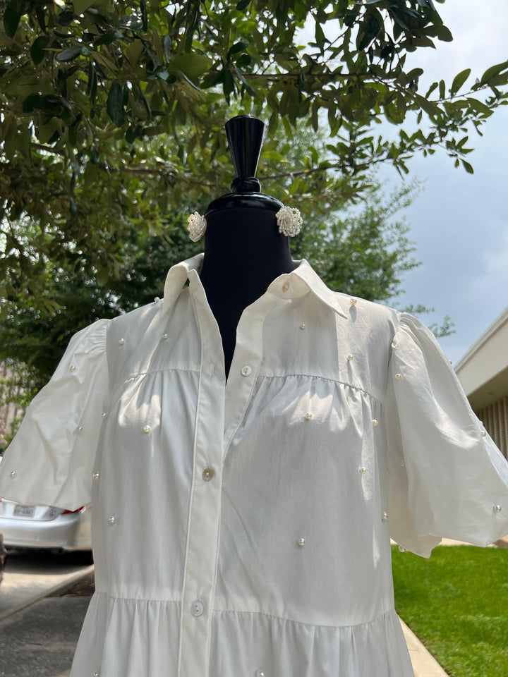 white Pearl Embellished Dress cotton with pockets from trendy dress boutique online