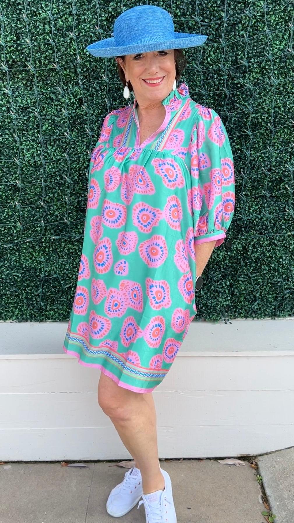 silky never a wallflower style dress v neck pink and green print for spring summer boutique houston texas