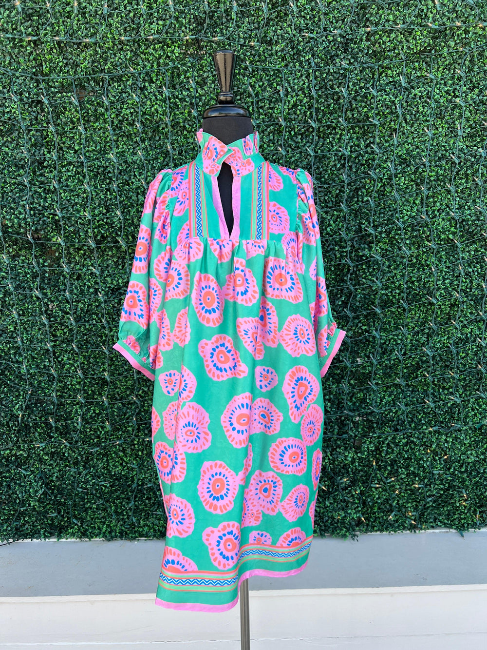 silky never a wallflower style dress v neck pink and green print for spring summer boutique houston texas