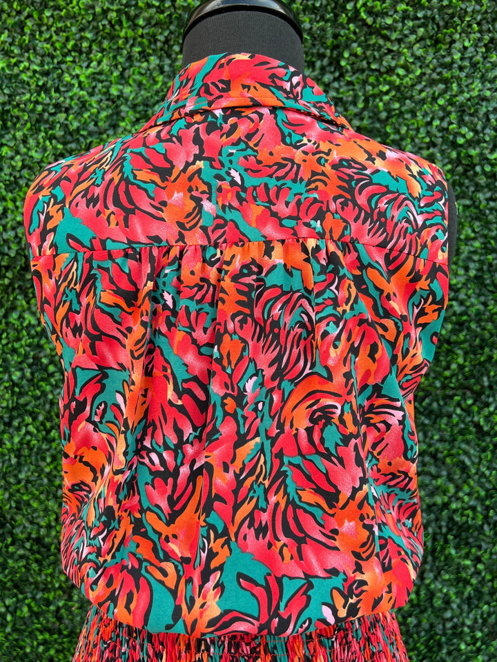 red orange blue smocked dress with collar