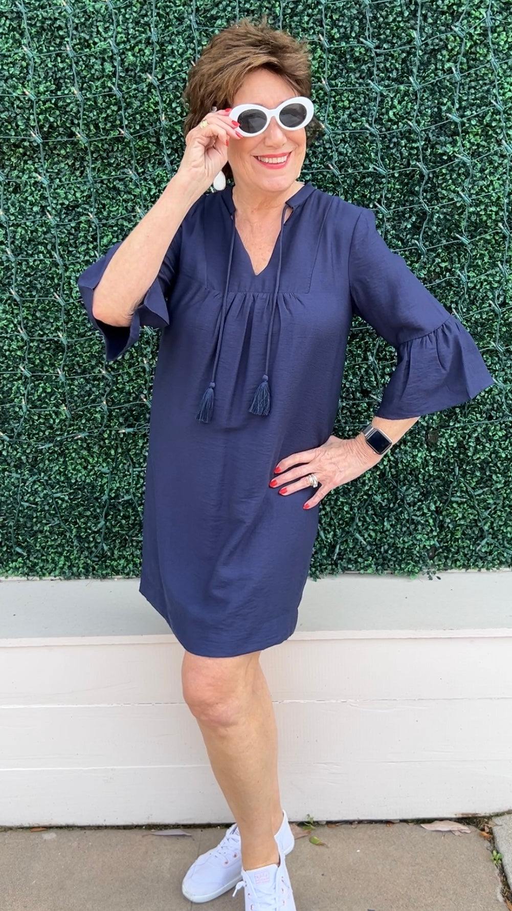 navy lightweight astros dress v neck bell sleeve unique jade brand cool boutique trendy online womens dresses