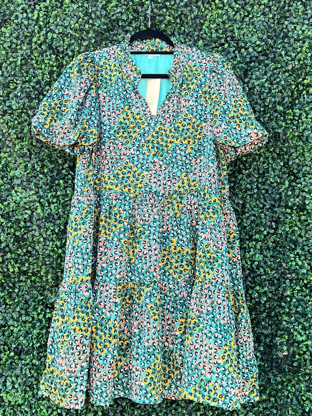 yellow, pink, and green dress from boutique in houston Tres Chic