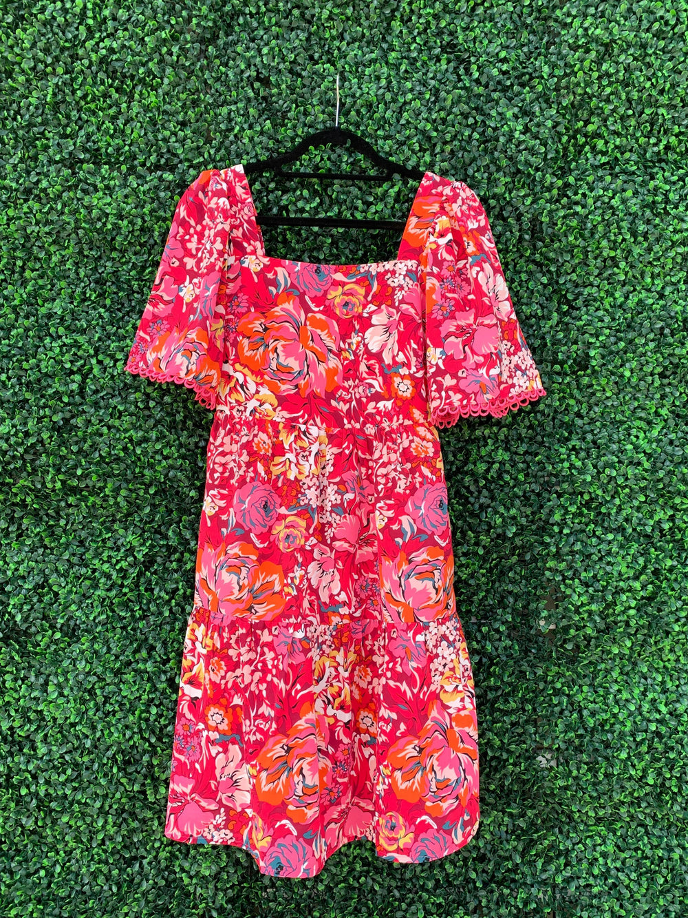 pink orange blue and white short rose dress