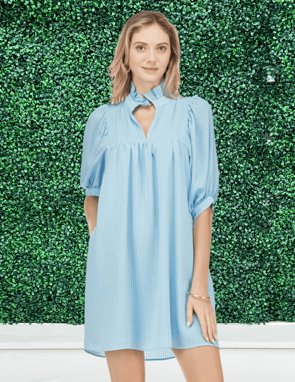 jade brand Seersucker Texture Dress never a wallflower tres chic womens boutique blue