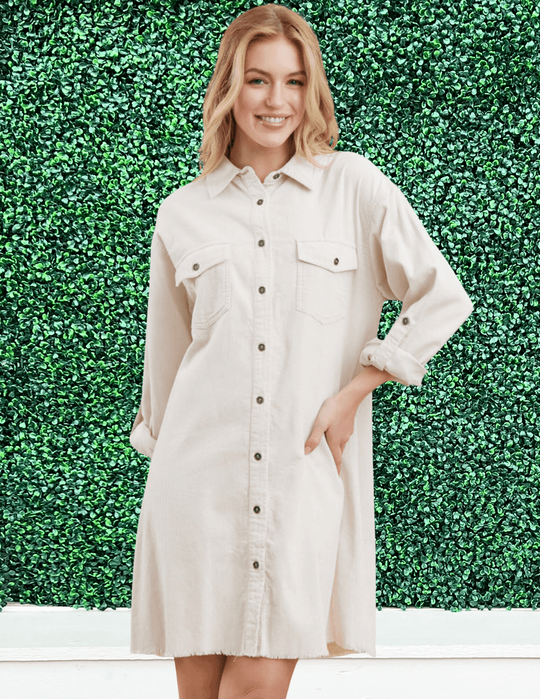 Jodifl Cotton shirt dress with collared neck Corduroy cream