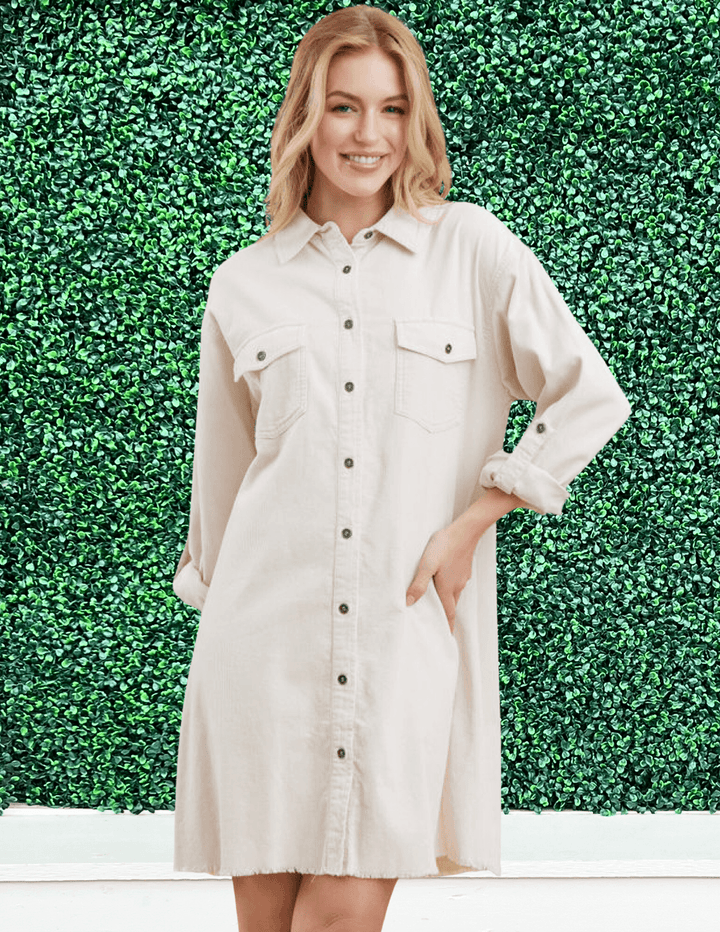 Jodifl Cotton shirt dress with collared neck Corduroy cream