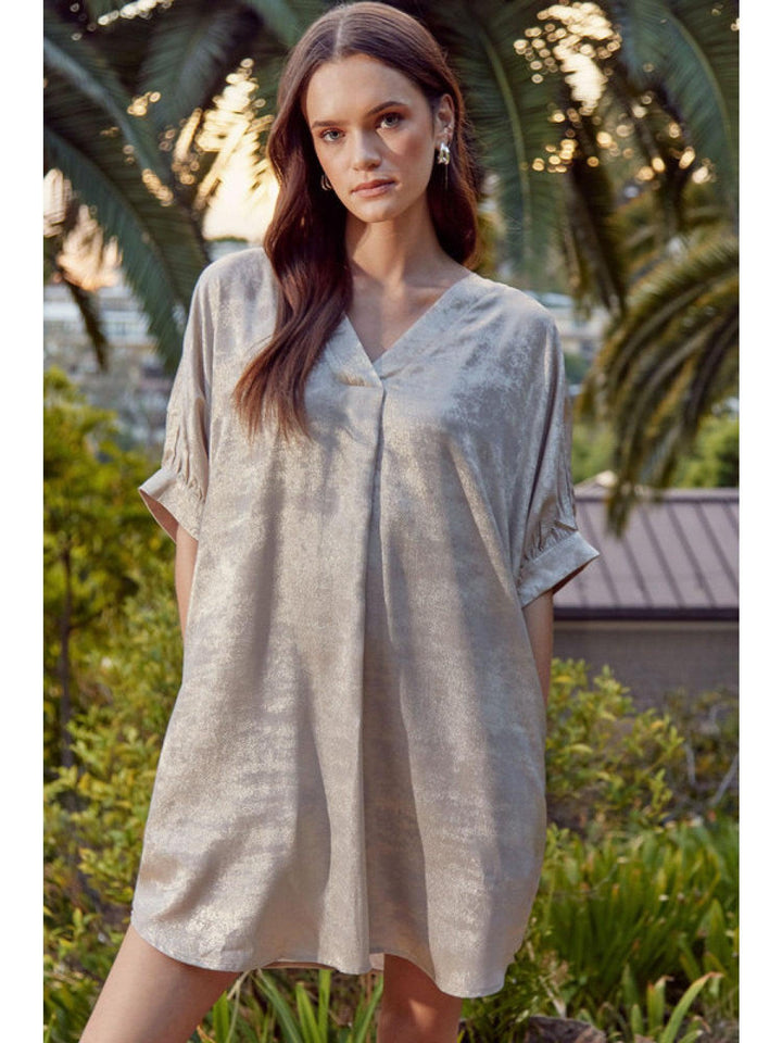 v neck metallic fabric dress gold and silver womens trendy online fashionable boutique