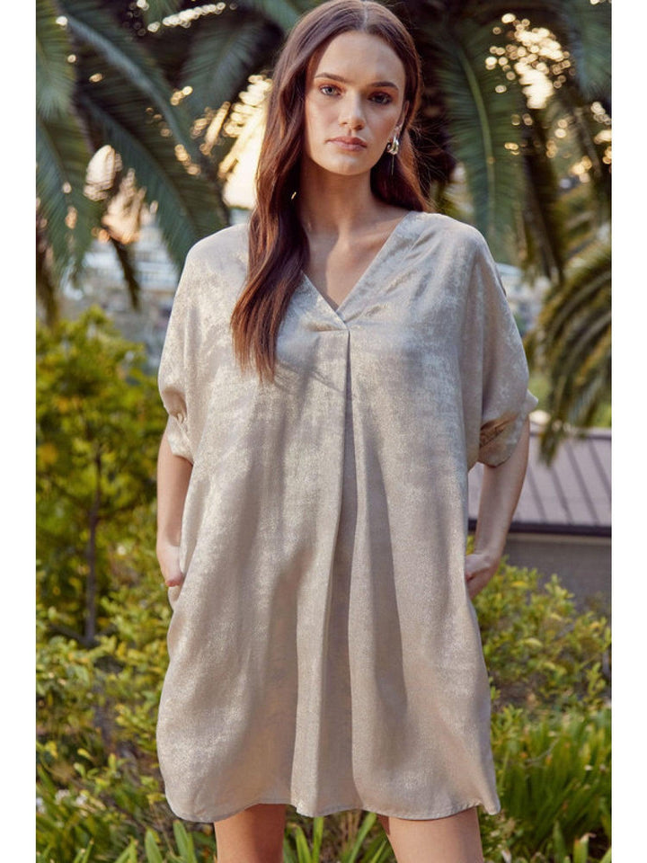 v neck metallic fabric dress gold and silver womens trendy online fashionable boutique