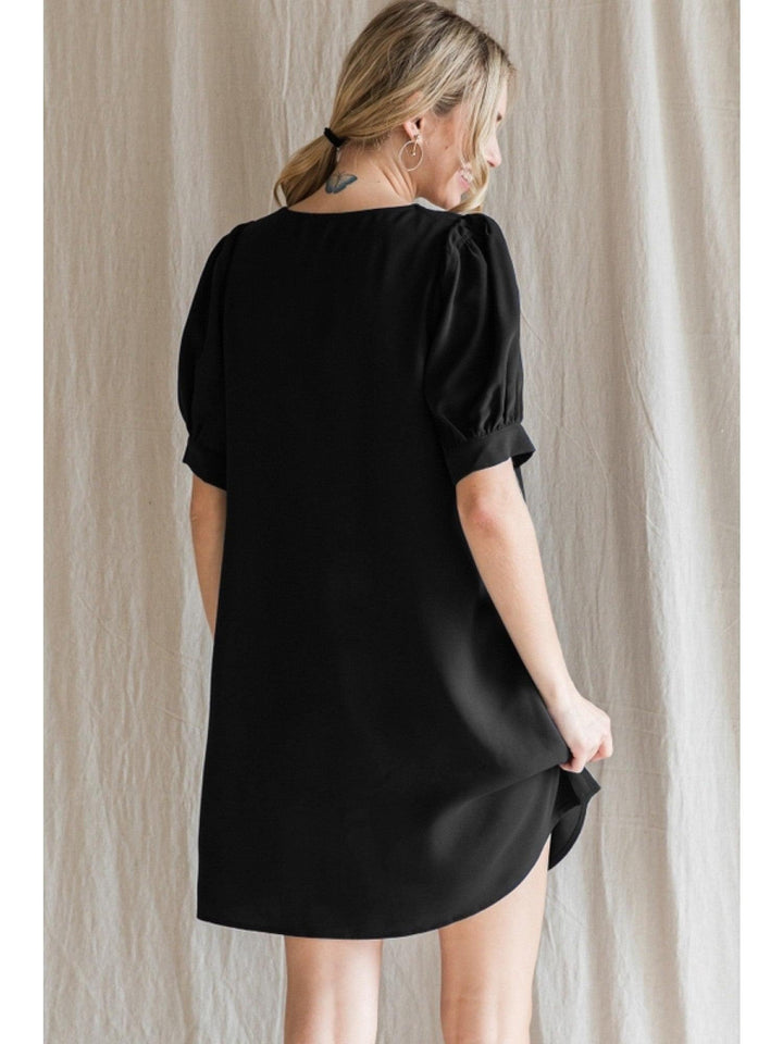 black puff sleeve sheath dress with pockets breathable dress boutique womens gifts houston texas