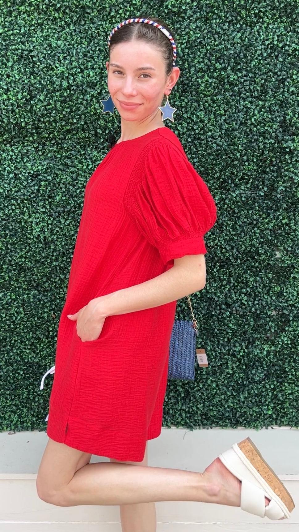 Shirred Puff Sleeve Dress red with pockets slit at side womens boutique jodifl