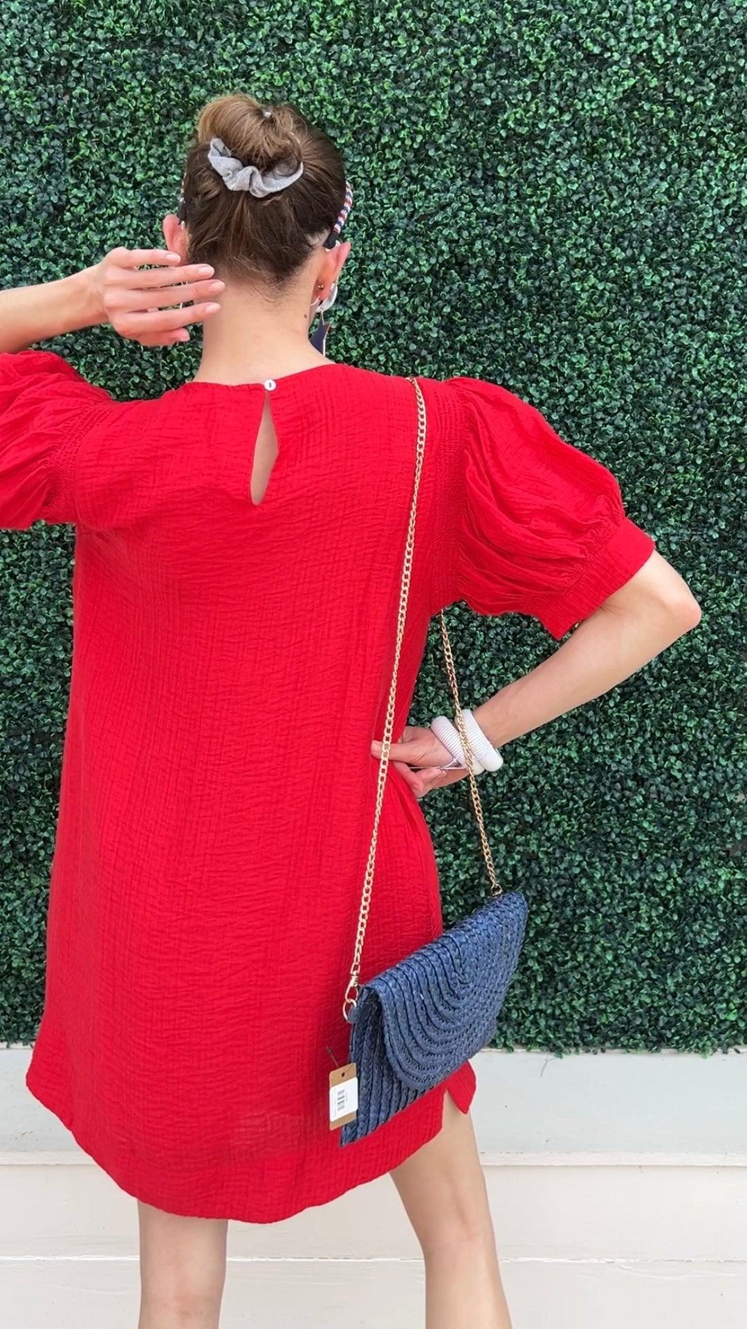 Shirred Puff Sleeve Dress red with pockets slit at side womens boutique jodifl
