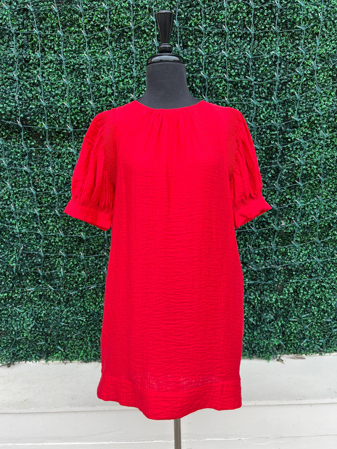 Shirred Puff Sleeve Dress red with pockets slit at side womens boutique jodifl