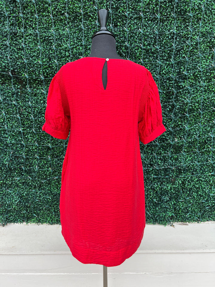 Shirred Puff Sleeve Dress red with pockets slit at side womens boutique jodifl