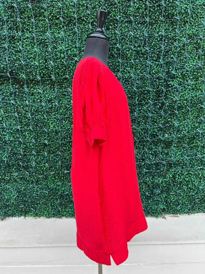 Shirred Puff Sleeve Dress red with pockets slit at side womens boutique jodifl
