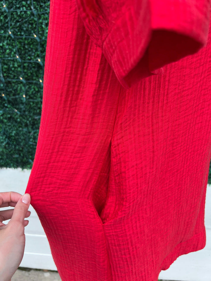 Shirred Puff Sleeve Dress red with pockets slit at side womens boutique jodifl