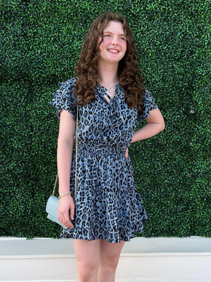 blue cheetah ruffle dresses boutique