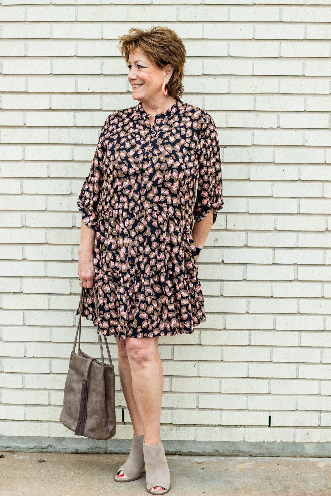 Brown &amp; Pink Leopard Tab Sleeved Dress - Très Chic