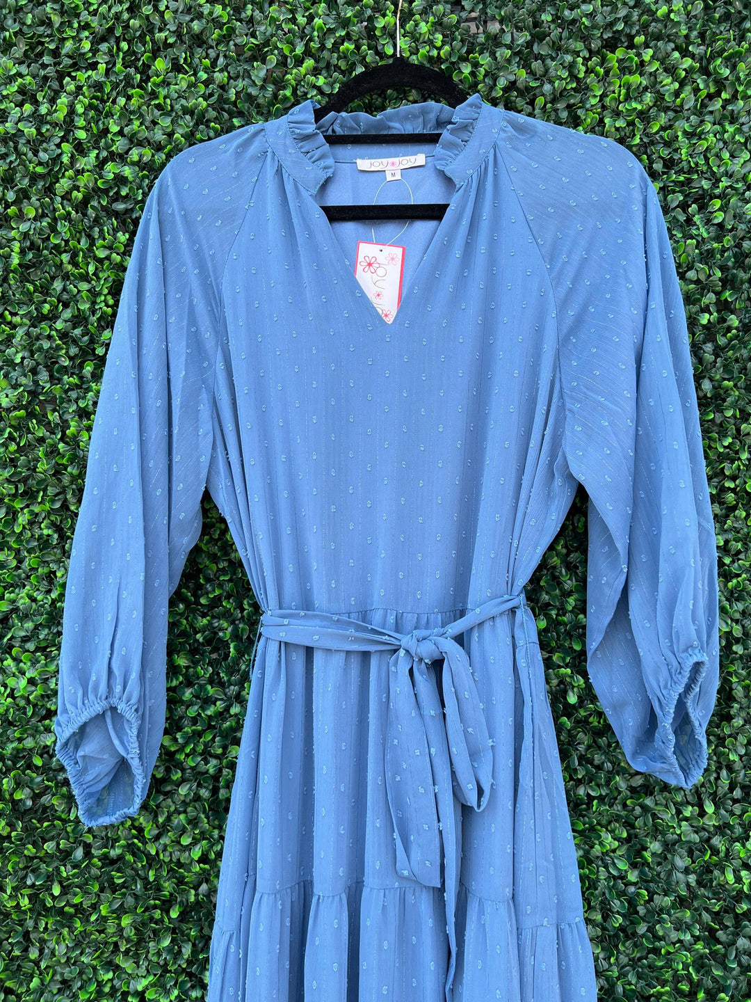 Polka dot detail on light blue long dress online and in store boutique 