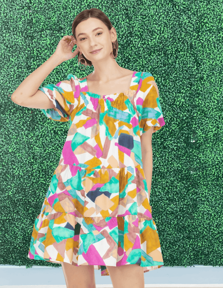 joy joy and jade short tier dress puff sleeve mustard turquoise magenta