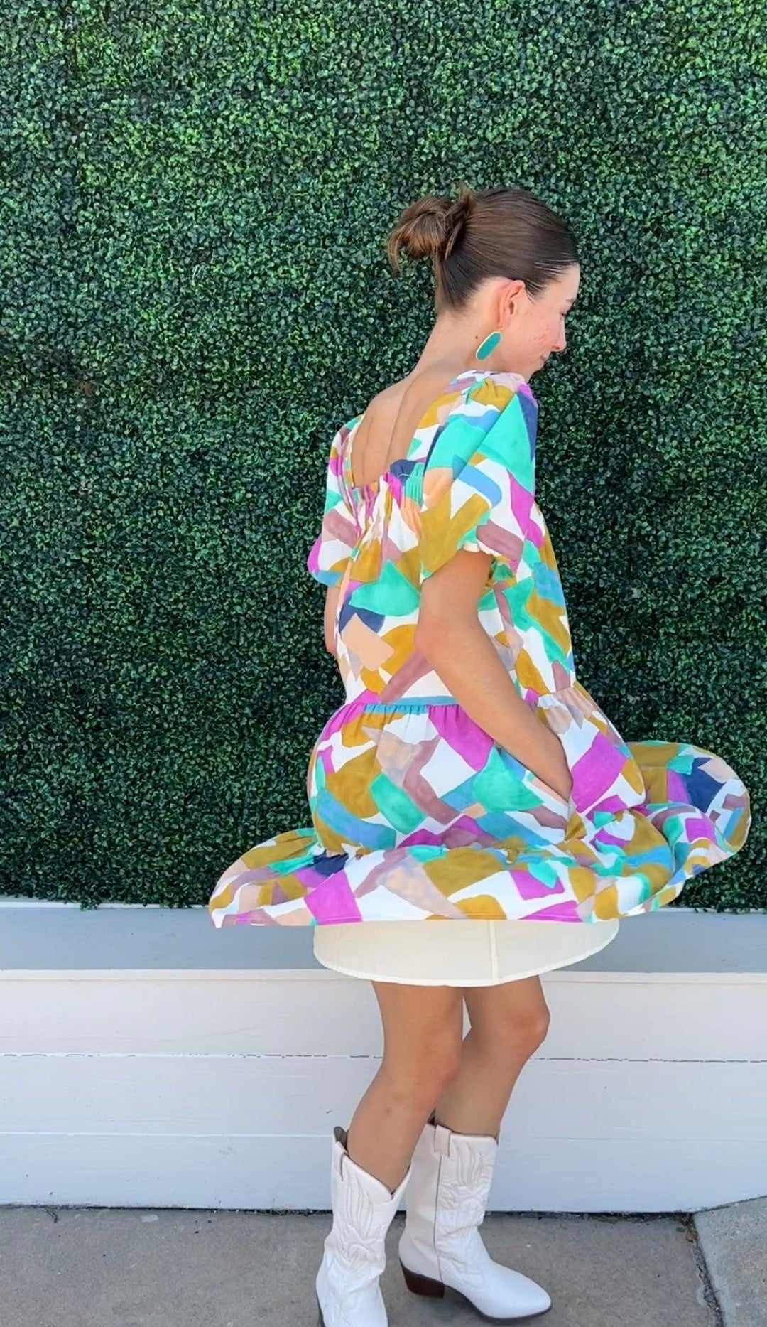 Joy Joy brand fall dress with bright colors square neck and puff sleeves