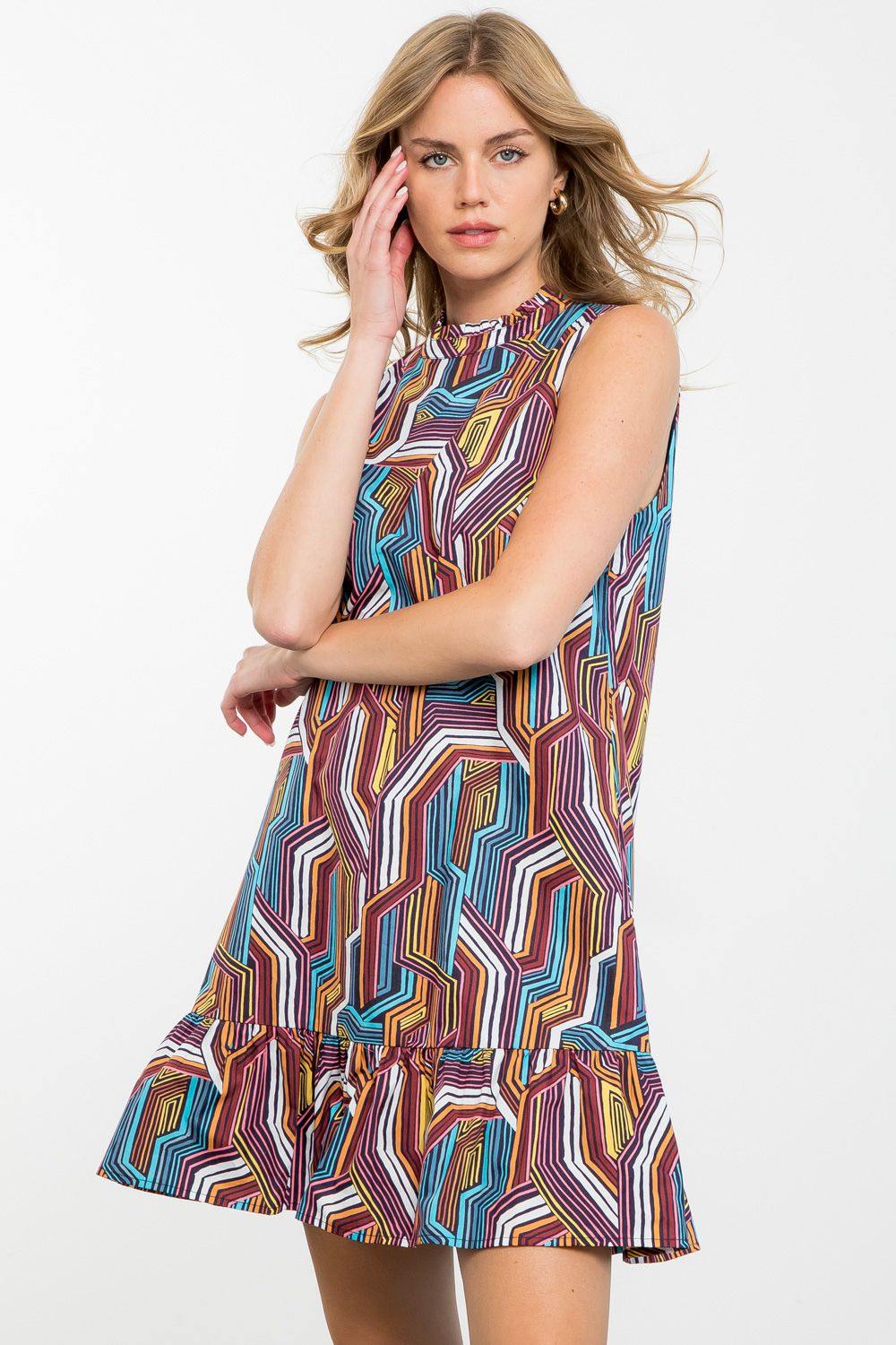 THML geometric print dress ruffle neck tres chic online trendy boutique