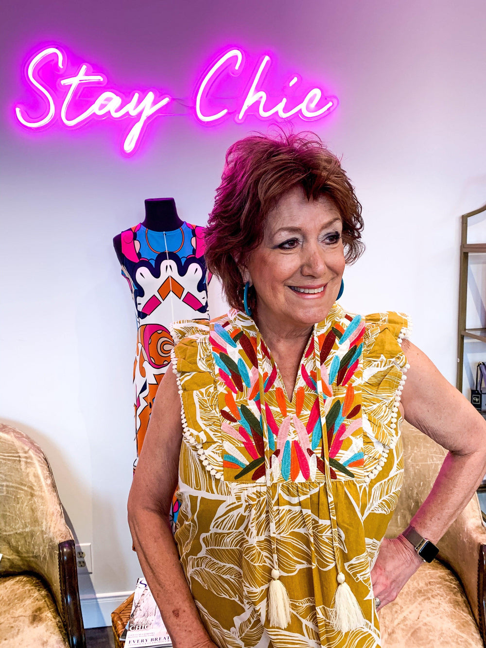 Embroidered Leaf Print Dress - Très Chic