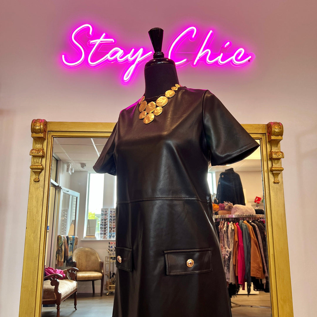 tres chic boutique classy timeless dresses pleather black gold buttons THML