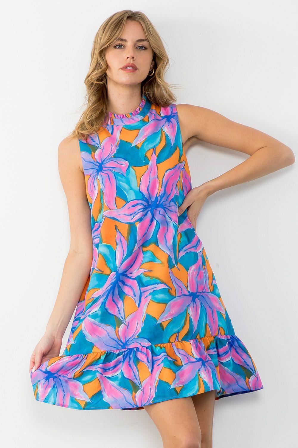 THML brand a line floral print dress with ruffle hem womens trendy online boutique