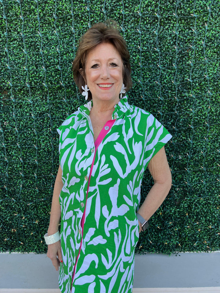 THML brand green and white dress with pink details down buttons
