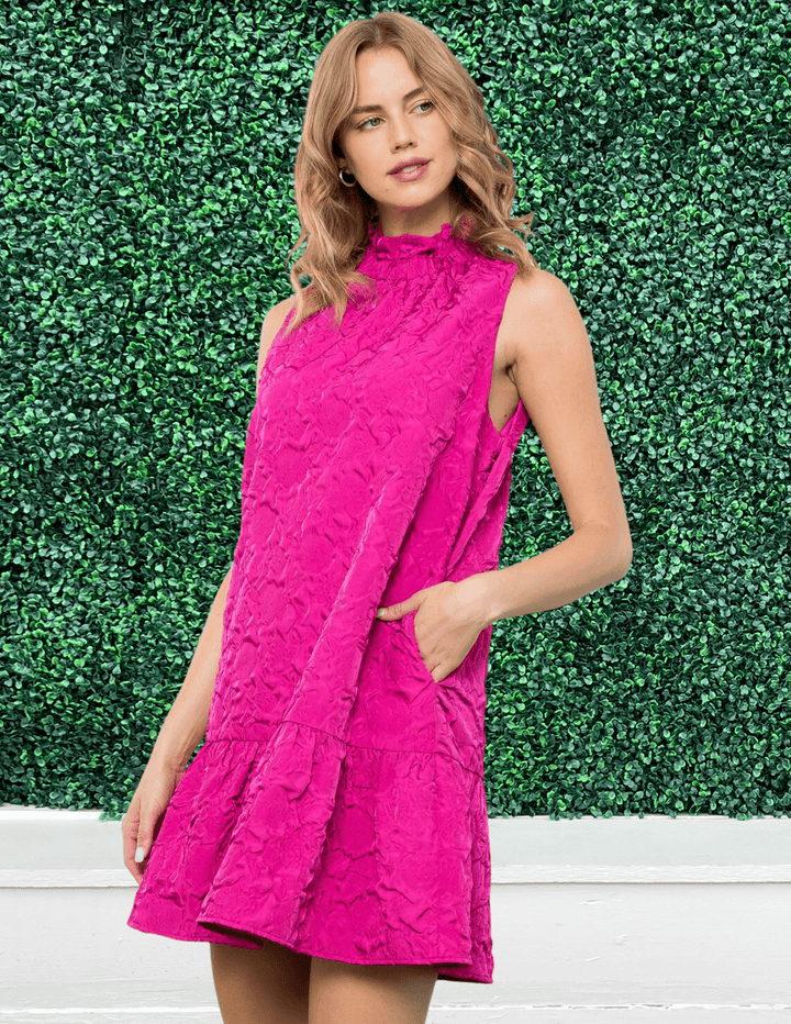 THML pink textured dress high neck pockets ruffle drop waist