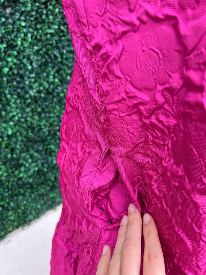 THML pink textured dress high neck pockets ruffle drop waist women&